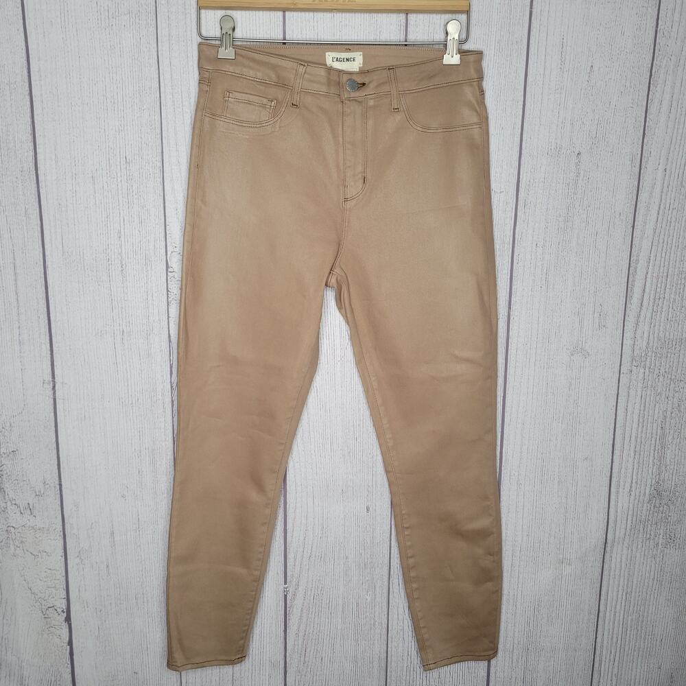L'Agence Oatmeal Beige Margot Skinny High Rise Wax Coated Pants Womens Size 30